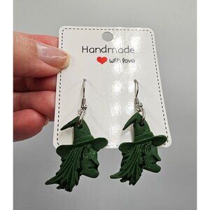 New Handmade Green Witch Head Dangle Earrings With Silver Hooks Halloween